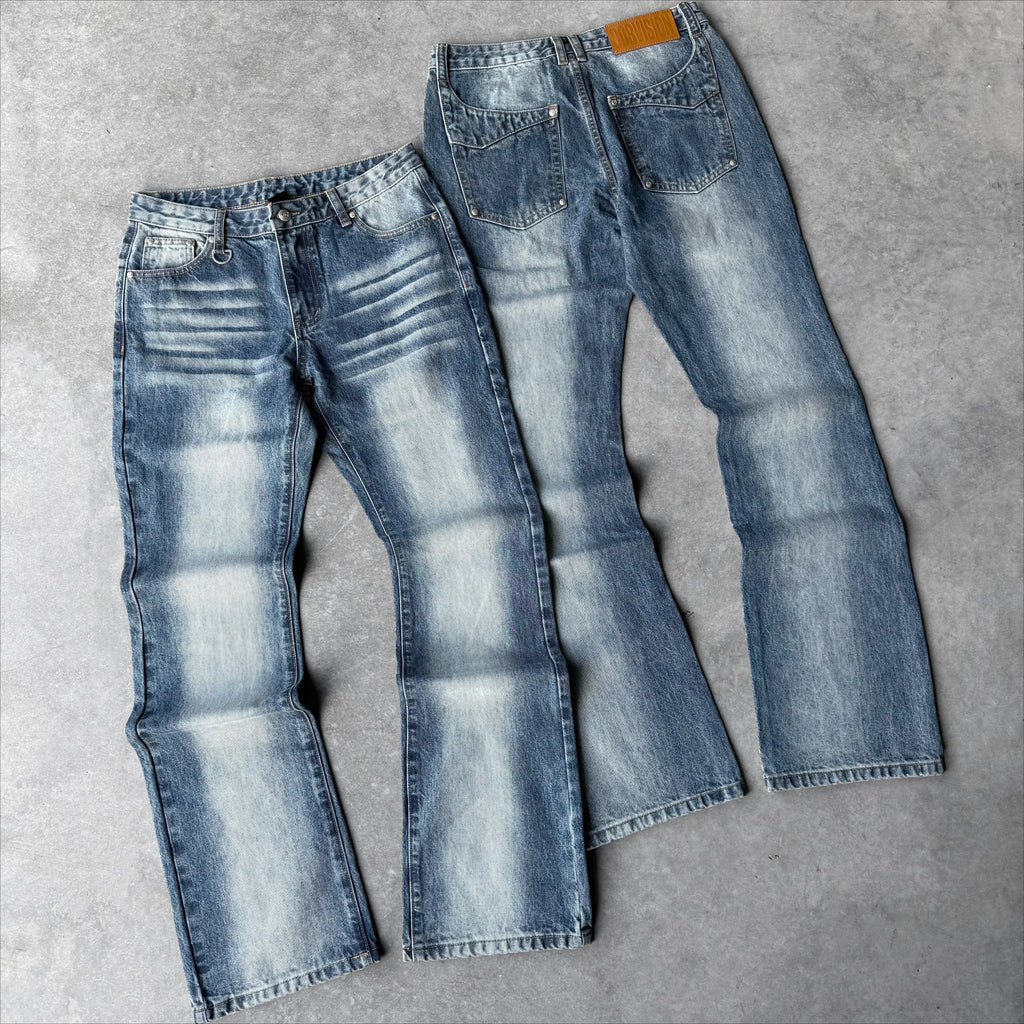 STORESDE Y2K Men Bootcut Jeans Retro Whisker Faded Blue Flared Pants American Hip Hop Streetwear Pocket Micro Flare Unisex Denim Pants
