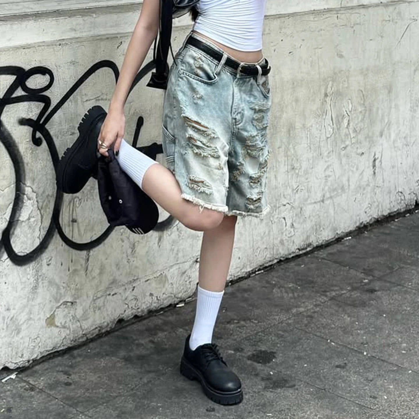 STORESDE SUCHCUTE Fashion Women Ripped Raw Hem Retro Jeans Shorts  Summer Five-Pocket Denim Shorts Chic Straight Legged Pants Streetwear