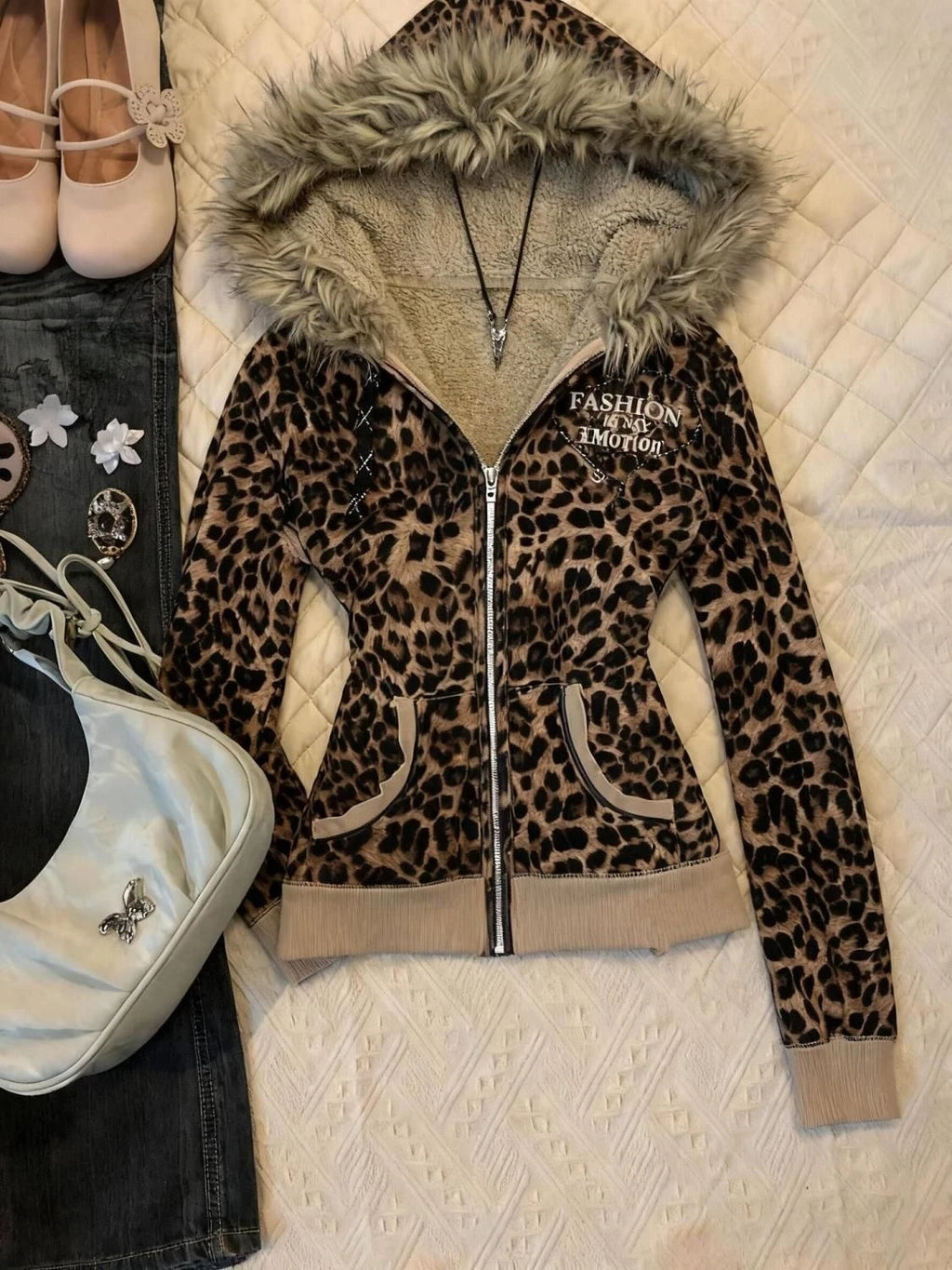 STORESDE Y2K Hot Girl Autumn Winter Harajuku Vintage Leopard Print Slim Fit Sweatshirt Women Gothic Fur Collar Zipper Long Sleeve Hoodie