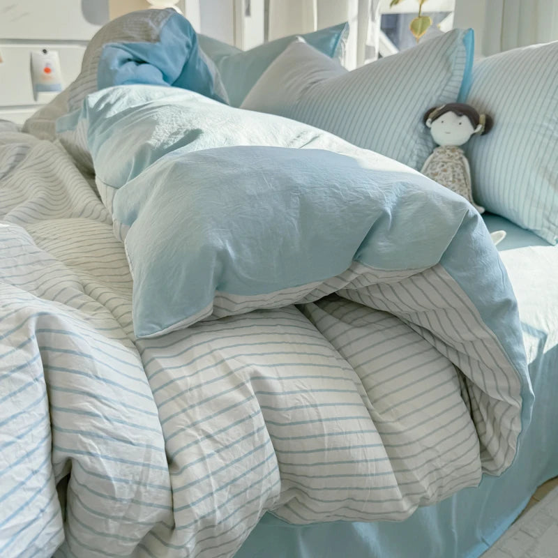 STORESDE Ins Stripes 100% Washed Cotton Bedding Set with Pillowcase Bed Sheet Quilt Cover Single Double King Queen Size Duvet Cover Set
