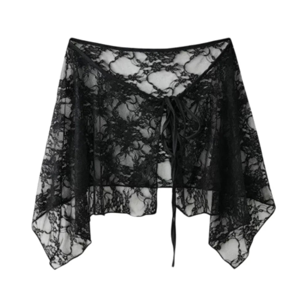 STORESDE Apparel Accessories French Lacing Lace Mini Skirt Embroidery Irregular Hemline Lace Up Ruffles Skirt Y2K Apron Wrap Skirt