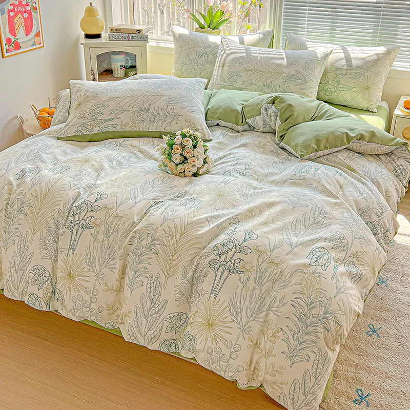 STORESDE American Pastoral Floral Printed Bedding Set Soft Skin-Friendly Double King Size Duvet Cover Set with Flat Sheet and Pillowcases