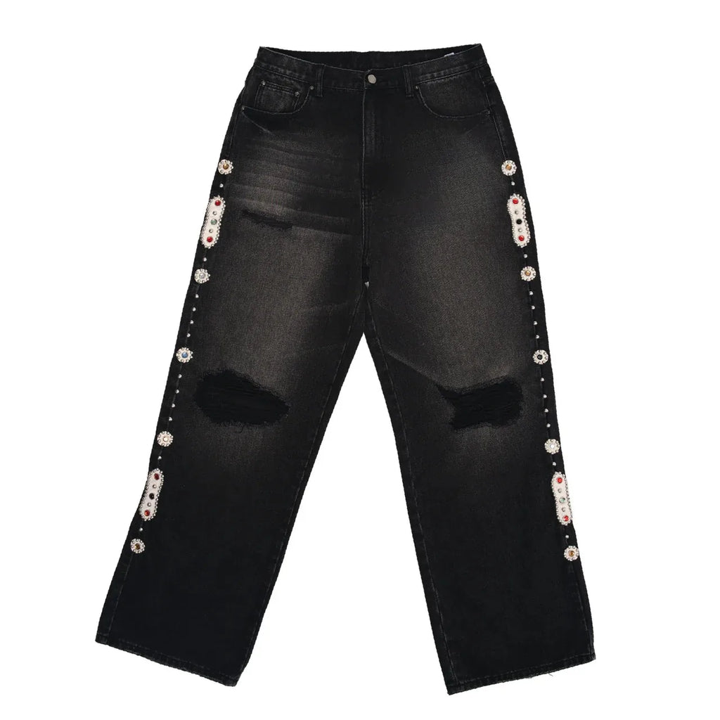 STORESDE Gothic Diamond Punk Hip Hop Men's Slim Jeans Damaged Destroyed Hole Baggy Denim Long Trouser Pants Y2k Streetwear Ripped Jeans