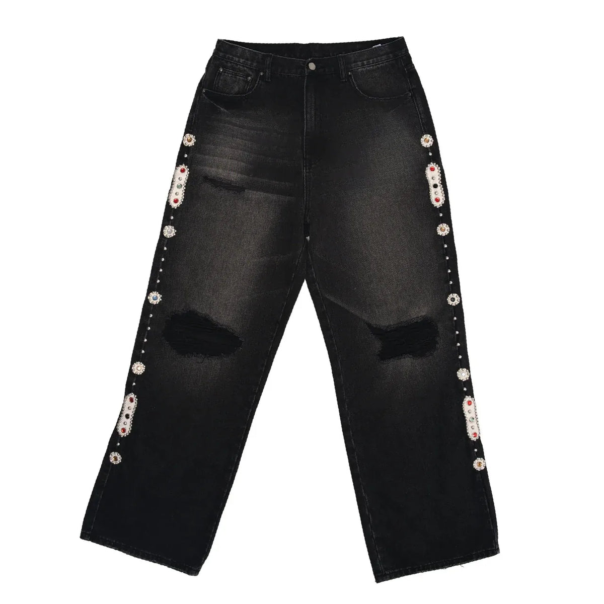 STORESDE Gothic Diamond Punk Hip Hop Men's Slim Jeans Damaged Destroyed Hole Baggy Denim Long Trouser Pants Y2k Streetwear Ripped Jeans