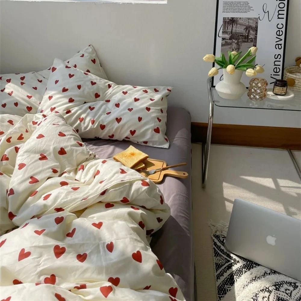 STORESDE Korean Style Bedding Set Kid Adult Twin Full Queen Size Bed Flat Sheet Set Pillowcase Bed Linen Love Heart Duvet Cover