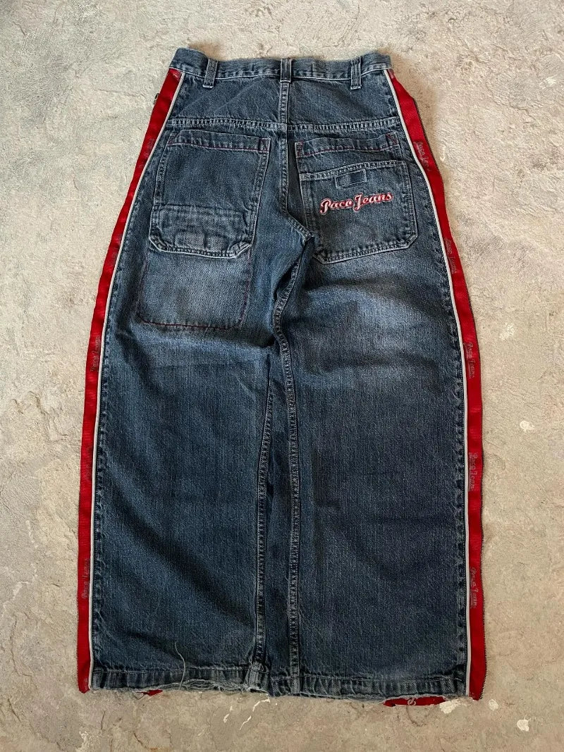 STORESDE Y2K Vintage Baggy Jeans Men Streetwear Red Side Zip Striped Denim Pants Hip Hop Embroidered Wide Leg Trouse
