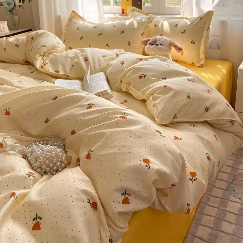STORESDE Fashion Floral Duvet Cover Set with Flat Sheet Pillowcase No Filler Girls Twin Full Queen Size Korean Soft Bedding Set