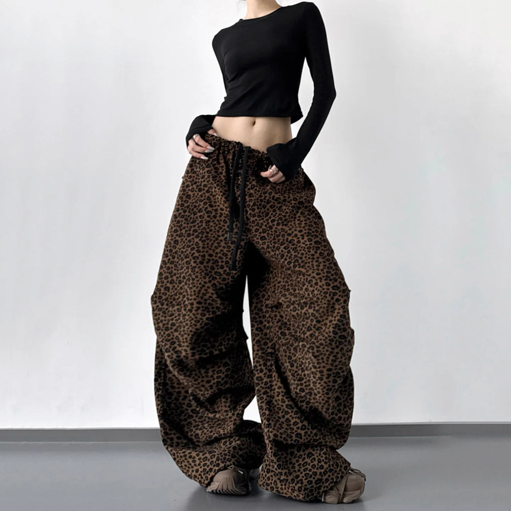 STORESDE Leopard Print Fleece Wide Leg Pants For Women Autumn Winter American Casual Fashion Retro Pleated Thicken Trousers