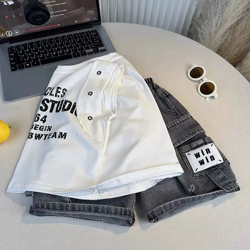 STORESDE Boys Summer Streetwear Cool Vest Outfit 2-10 Years Letter Sleeveless T-shirt & Denim Cargo Shorts 2-Piece Kids Casual Cotton Set