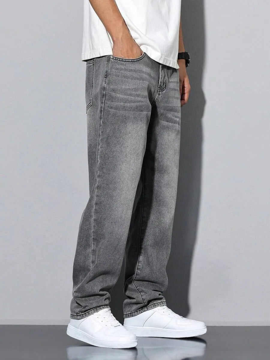 STORESDE Men's straight skinny grey jeans, straight and simple design, suitable for daily wear in all seasons