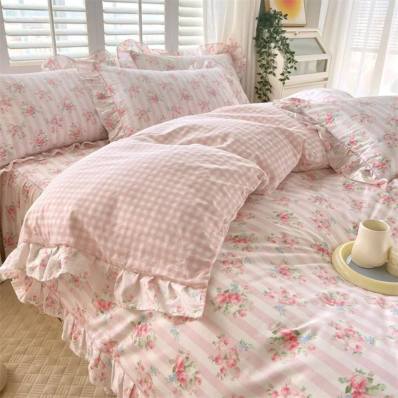STORESDE New Ruffles 100% Cotton Duvet Cover Set or Single Duvet Covers Floral Princess Style All Cotton Quilt Cover Queen Blanket Cover