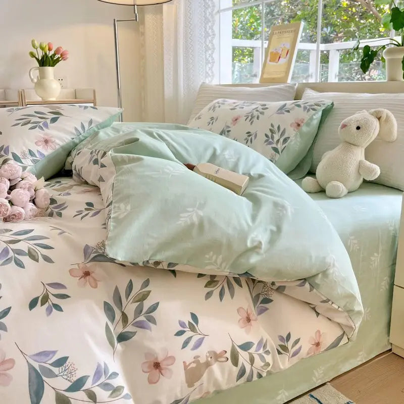STORESDE Green Floral Bedding Set Ins Fashion Twin Full Queen Size Duvet Cover No Filler Flat Sheet Pillowcase Girl Home Totel Bed Linens