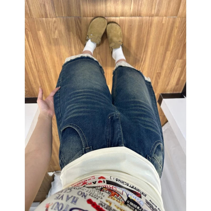 STORESDE American Retro Lace Denim Shorts Women Summer New Fashion Washed Splice Seven-Quarter Wide Leg Jeans Trendy Mid-Length Pants