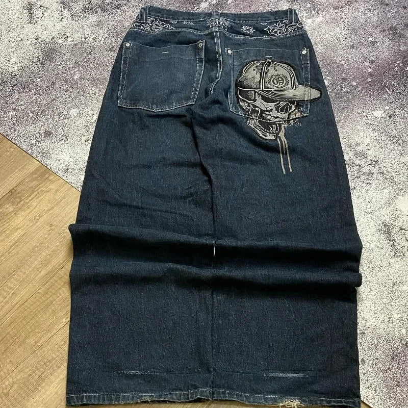 STORESDE Y2k Hip Hop American Wide Leg Pants Gothic Zipper Skull Embroidered Jeans Men Harajuku Vintage High Waist Casual Jeans Unisex