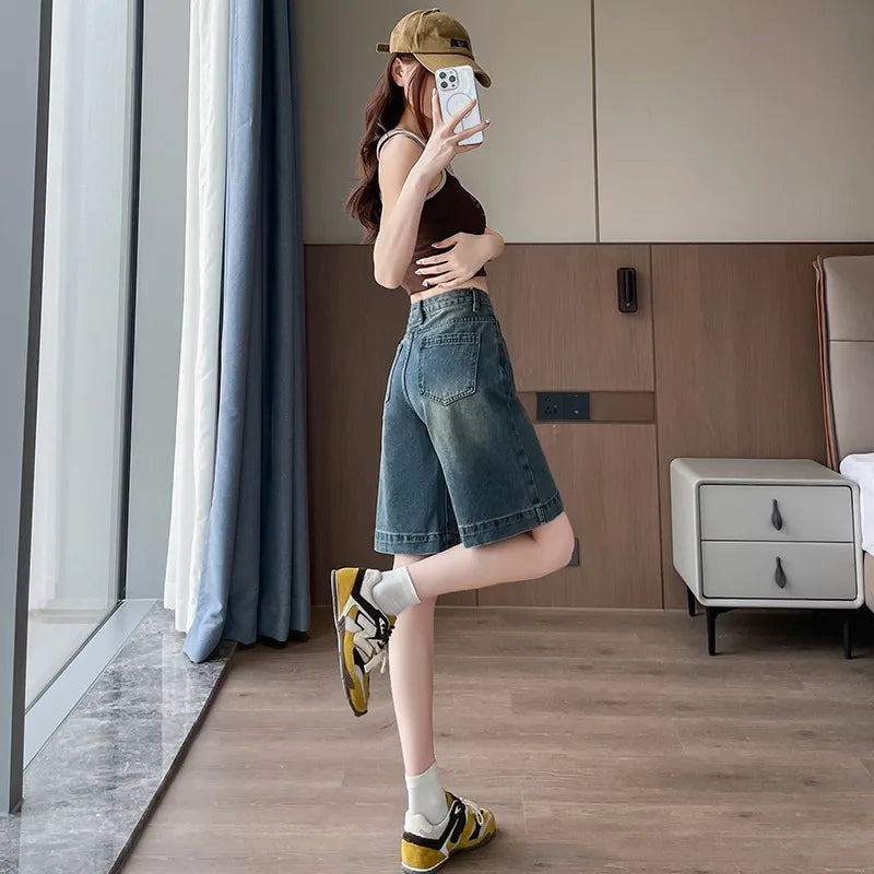 STORESDE Shorts Female Jeans Summer Wide Leg Loose Fit High Waist Denim Shorts Women's Denim Five Points Mid Length Trousers
