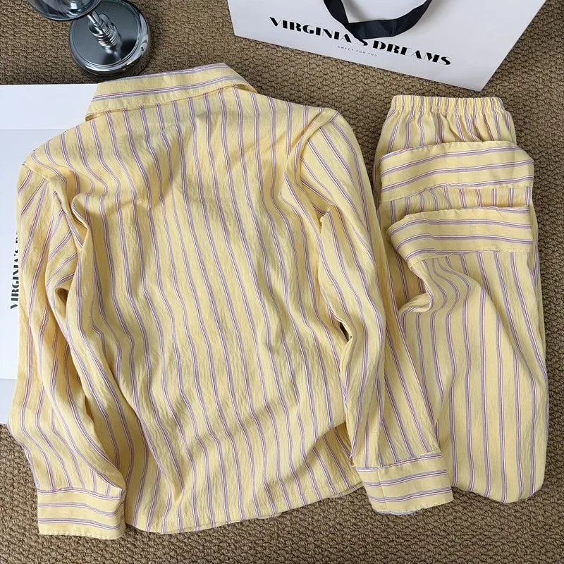 STORESDE Korean-Style Simple Striped Pajamas for Women, New Spring and Summer Loose Lazy Long-Sleeve and Long Pants Homewear Set