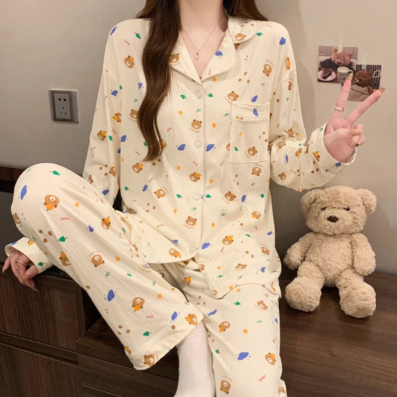 STORESDE Pink Bow Tie Design Pajamas for Women Long Sleeve Top & Elastic Waist Pants Pajamas Set Harajuku Style Casual New Home Wear