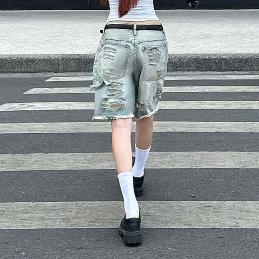 STORESDE SUCHCUTE Fashion Women Ripped Raw Hem Retro Jeans Shorts  Summer Five-Pocket Denim Shorts Chic Straight Legged Pants Streetwear