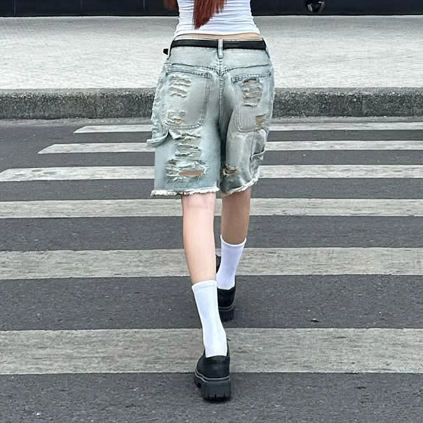 STORESDE SUCHCUTE Fashion Women Ripped Raw Hem Retro Jeans Shorts  Summer Five-Pocket Denim Shorts Chic Straight Legged Pants Streetwear