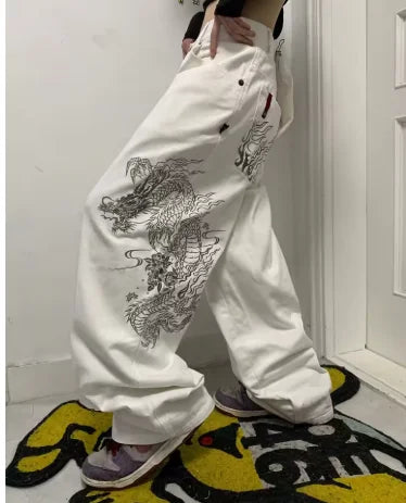 STORESDE New White Jeans Y2K Dragon Pattern Mens American High Street Retro Korean Straight Pants Harajuku Hip-Hop Couple Wide Pants