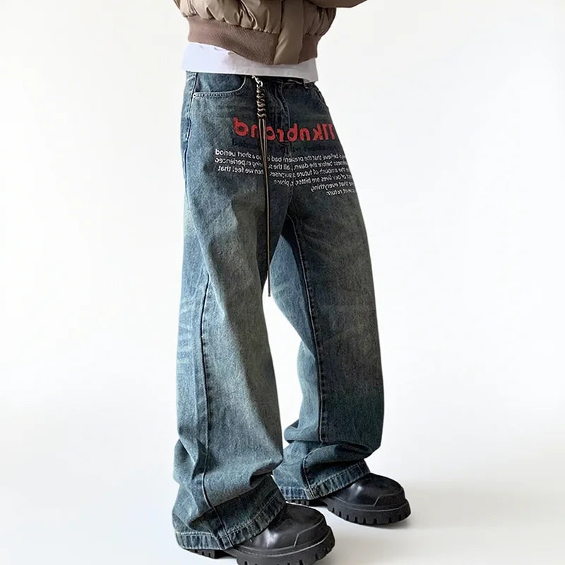 STORESDE Korean Version Retro Letter Printed Jeans For Men Loose Straight Leg Wide Leg Pants High Street Hip-Hop Design Casual Pants