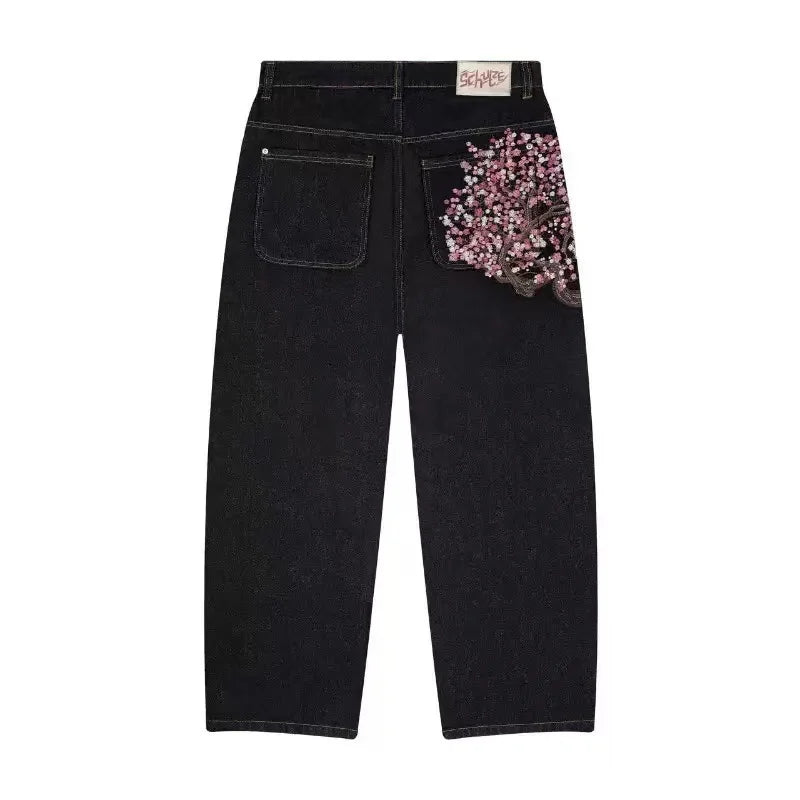 STORESDE New Black Wide Leg Denim Jeans Men Dragon Print Cherry Blossom Embroidery Vintage Washed Loose Harajuku Streetwear Casual Pants