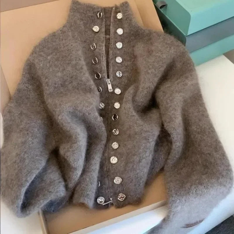 STORESDE Luxury Fluffy Knitted Cardigan Sweater Design Double Breasted Sweater Coat Women Autumn High-end Lazy Zipper 2000s Y2k Knit Top