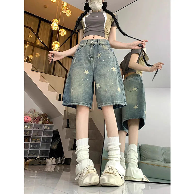 STORESDE American Style Vintage Women's Short Jeans High Waisted Washed Wide Leg Denim Pants Woman Fashion Do Old Star Knee Length Shorts