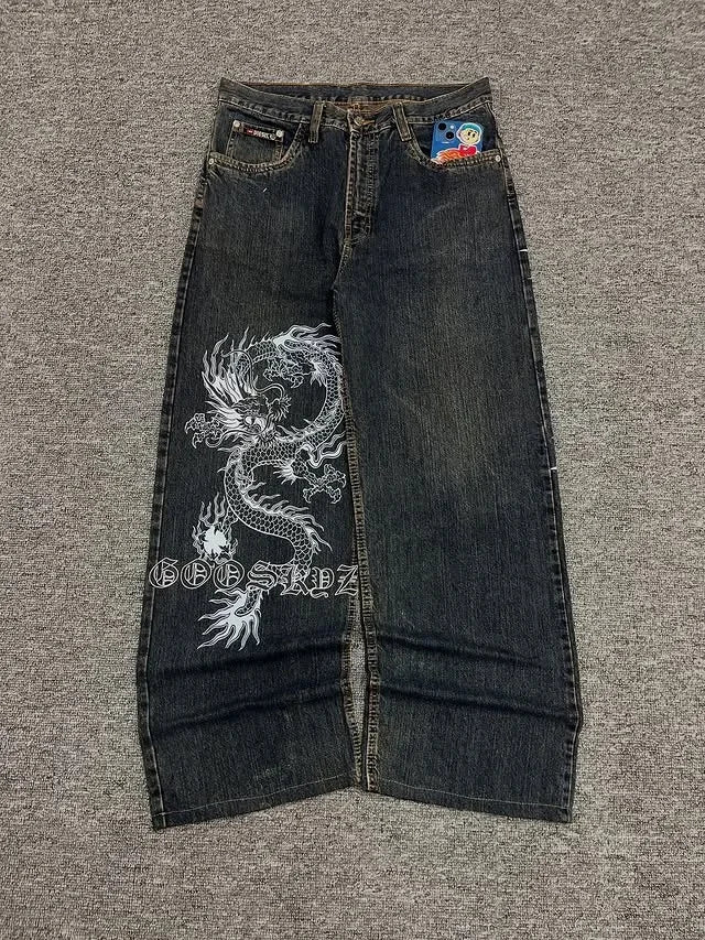 STORESDE Japanese Dragon Knitted Jeans Men Women Baggy Fit High Street Urban Casual Trendy Fashion Hip Hop Streetwear Daily Wear Style