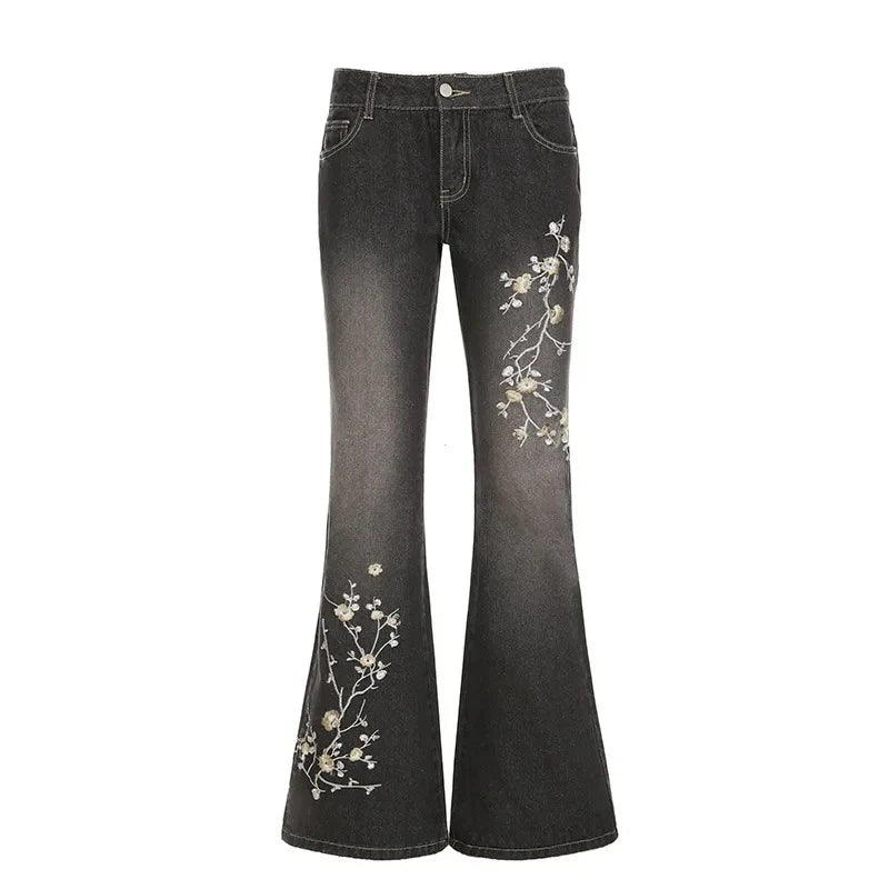 STORESDE Floral Embroidery Jeans Vintage 2000s Low Rise Flared Jeans Women Retro Y2k Baggy Denim Pants High Street Basic Trousers