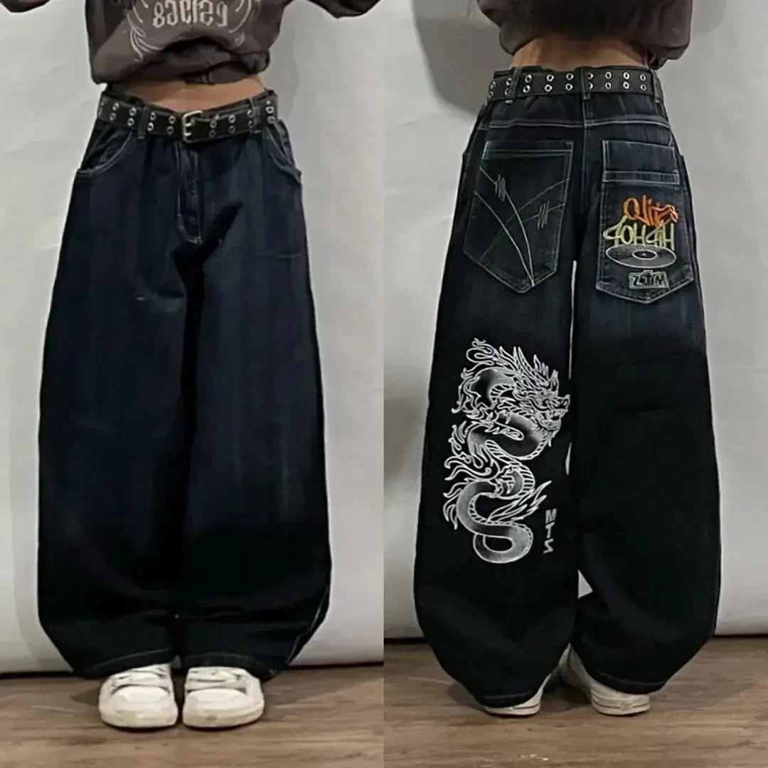 STORESDE American Fashion Trend Joker Pattern Embroidered Loose Jeans Women Street Y2K New Hip Hop Oversized Wide-leg Pants Unisex Jeans
