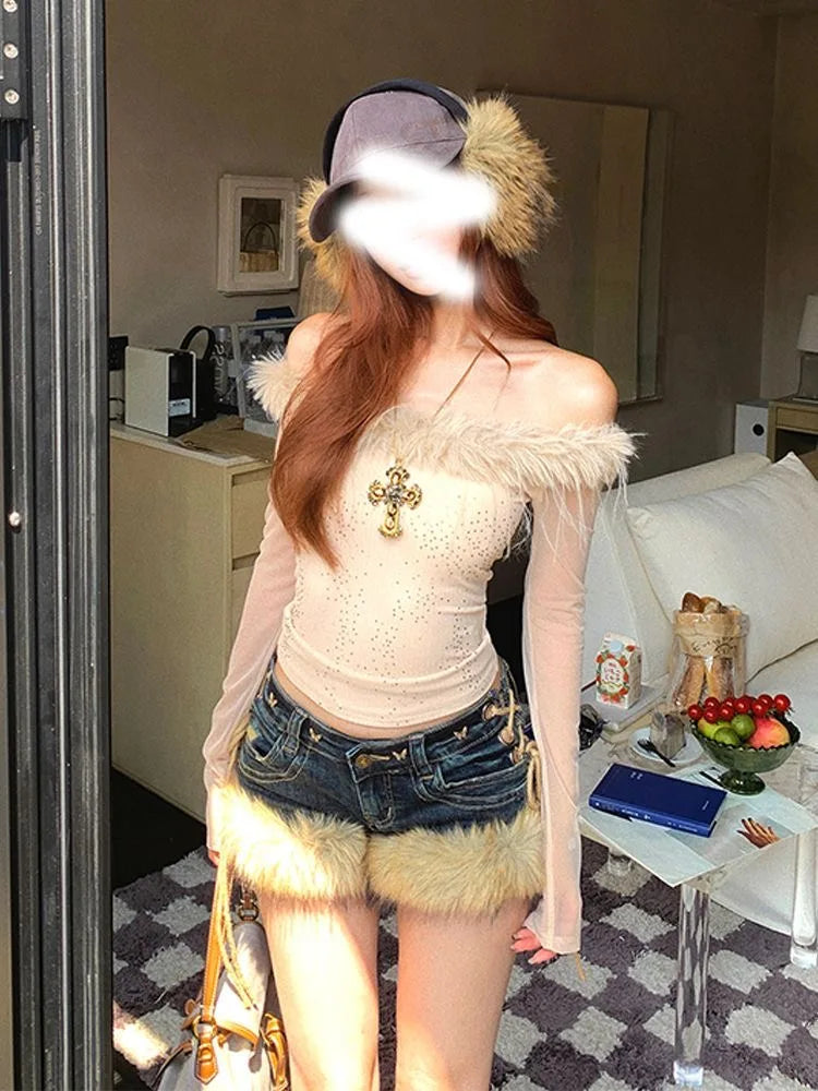 STORESDE Winter New Women's Retro Design Fluffy Splicing Jeans Shorts Y2k Low-rise Strap Slim Hot Pants