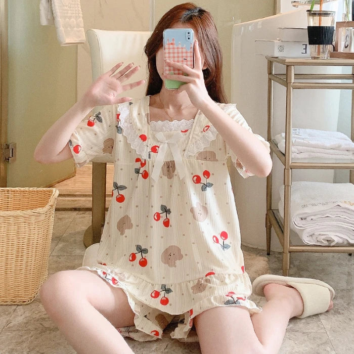 STORESDE Charming Strawberry Print Loungewear Set Soft Fabric with Bow Detail Puff Sleeve Square Neck Top Elastic Shorts for Women Summer