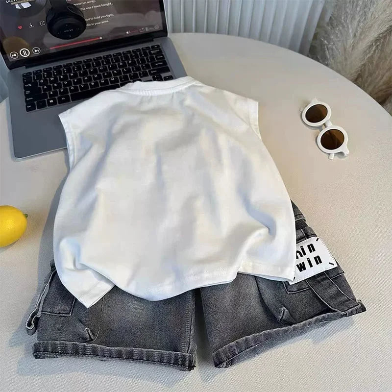 STORESDE Boys Summer Streetwear Cool Vest Outfit 2-10 Years Letter Sleeveless T-shirt & Denim Cargo Shorts 2-Piece Kids Casual Cotton Set