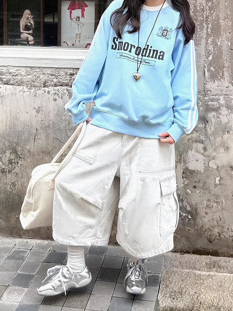 STORESDE PBAP White Cargo Jean Shorts Women Big Pockets Casual Wide Leg Pleats Adjust Waist Baggy Bermuda Pants Hiphop Vintage Streetwear