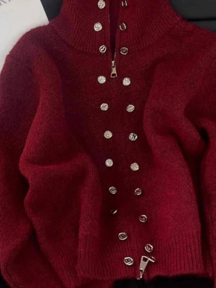 STORESDE Luxury Fluffy Knitted Cardigan Sweater Design Double Breasted Sweater Coat Women Autumn High-end Lazy Zipper 2000s Y2k Knit Top