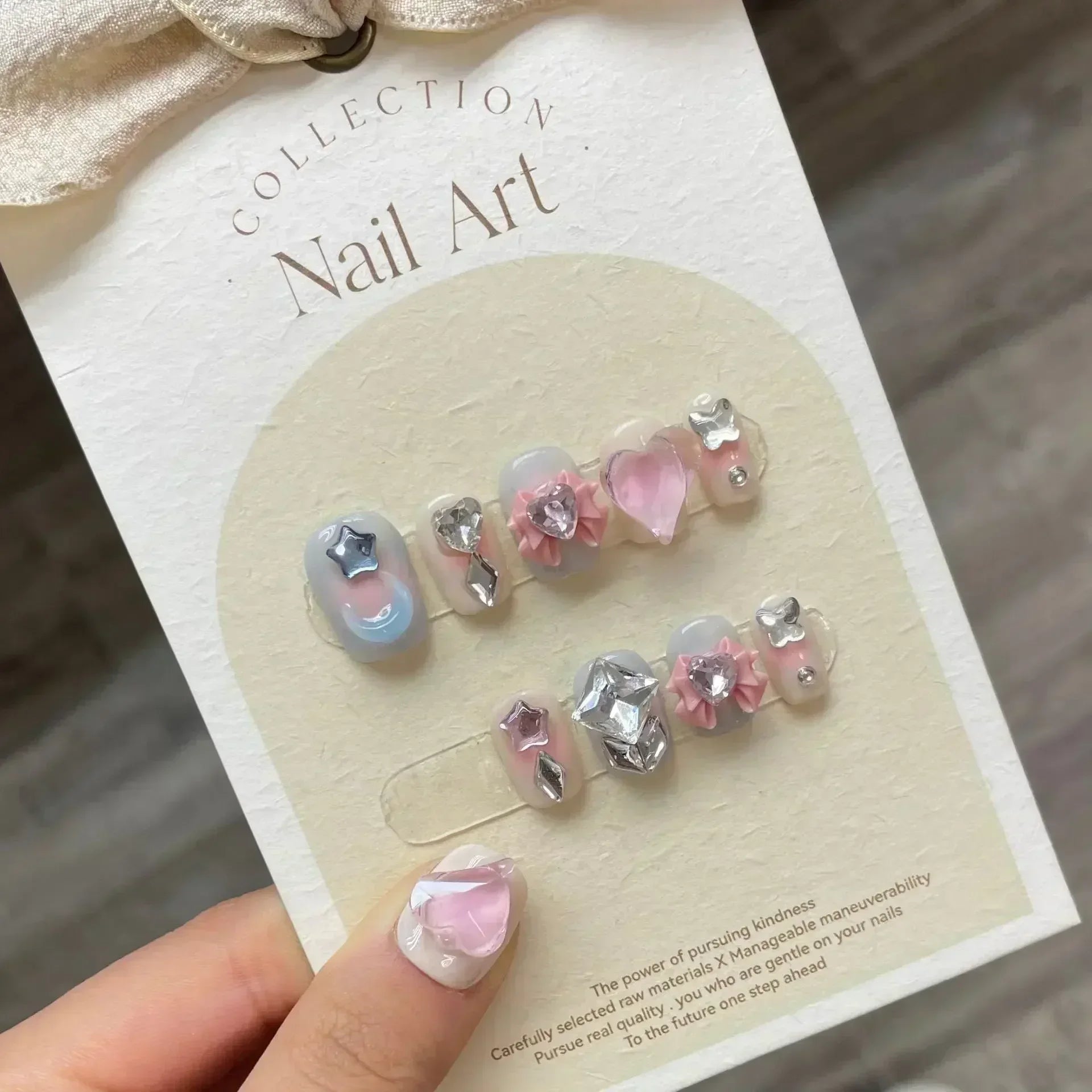 STORESDE 10Pcs Cute Handmade Press on Nails Short Korean Fake Nails with 3D Star Moon Nail Art Rhinestone Heart Artifical False Nails Art