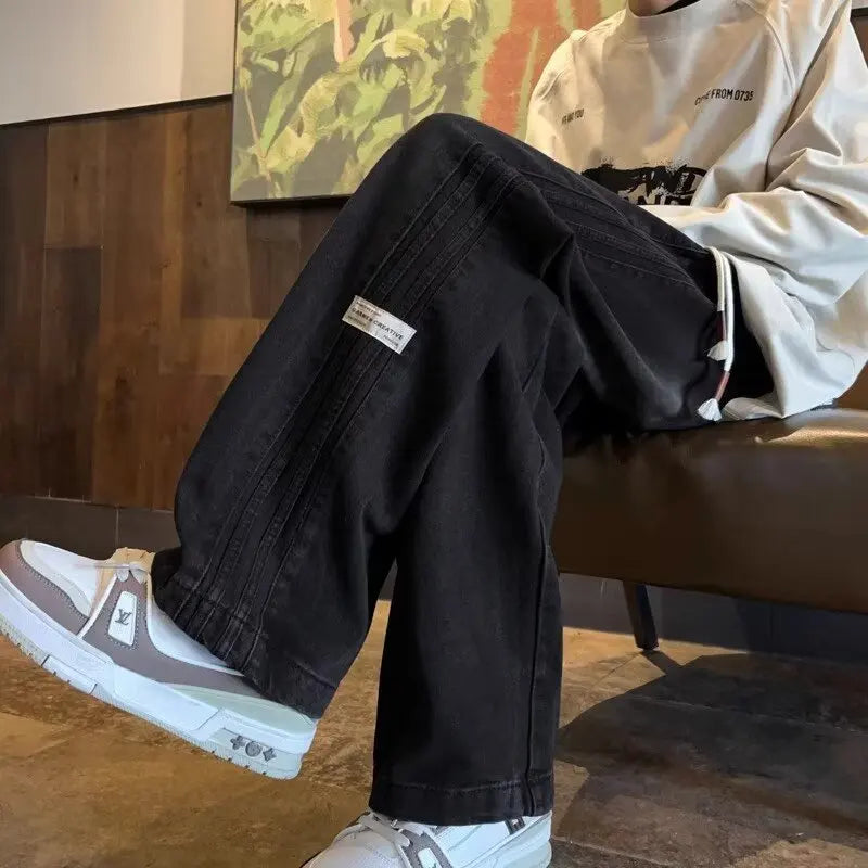 STORESDE Three bar American retro jeans men's spring and autumn new style high street elastic waist loose casual men's straight leg long