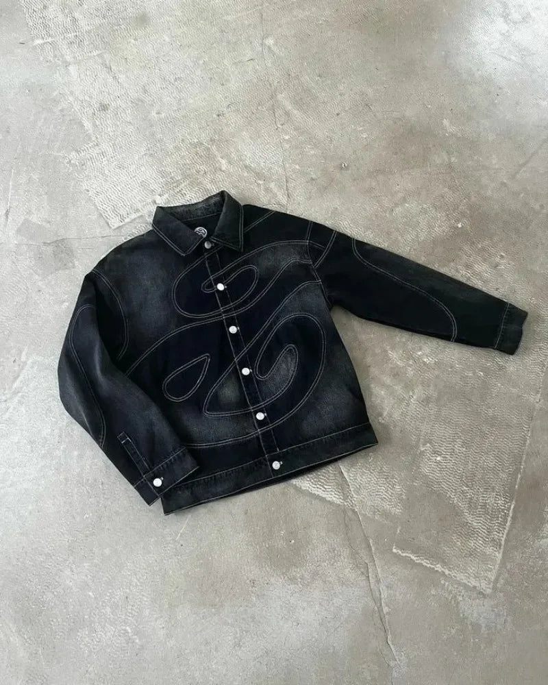 STORESDE Patch Jeans Retro Striped Embroidered Jacket Two-Piece Set Y2k Suit Men's Harajuku hiphop Embroidered Loose Jeans Old Jacket