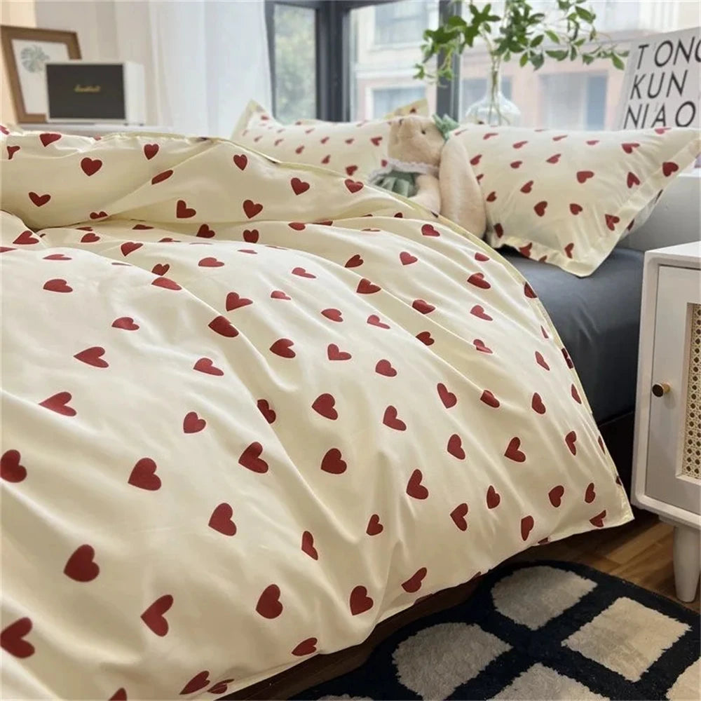 STORESDE Korean Style Bedding Set Kid Adult Twin Full Queen Size Bed Flat Sheet Set Pillowcase Bed Linen Love Heart Duvet Cover
