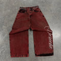 STORESDE Y2K Casual Loose Jeans Vintage Letter Print Rivet Waist Belt Design Red High Waist Wide Leg Jeans Men Women Hip Hop Streetwear