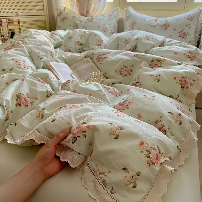 STORESDE Washed Cotton Duvet Cover Sets Single/Queen/king Flower Printed Bedding Set Princess Style e housse de couette 220x240 with Lace