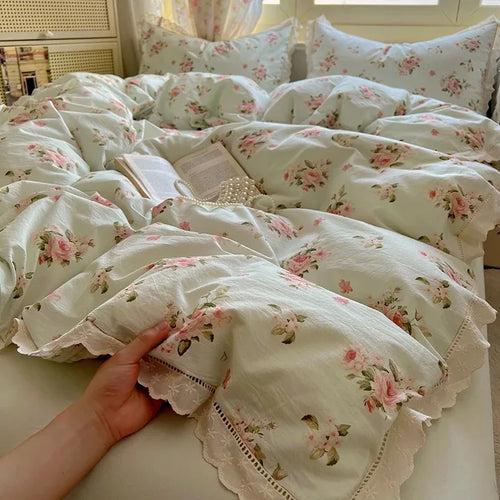 STORESDE Washed Cotton Duvet Cover Sets Single/Queen/king Flower Printed Bedding Set Princess Style e housse de couette 220x240 with Lace