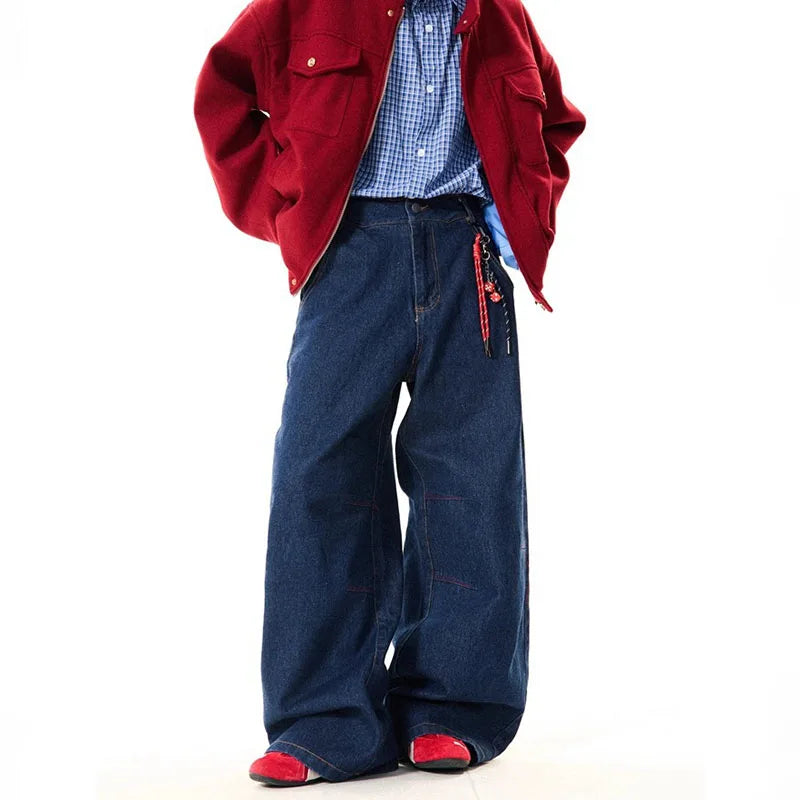 STORESDE New Korean Retro Blue Straight Leg Jeans Casual Loose Wide Leg Pants Fashion Men's Wide Jeans High Quality Pants