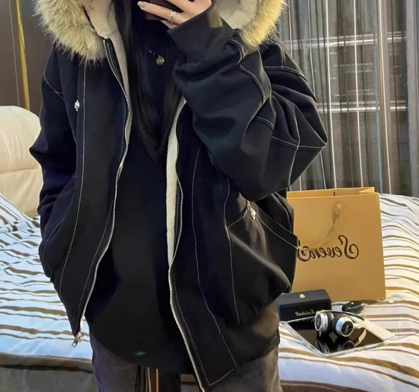 STORESDE American Street Fur Collar Zipper Hooded Jacket Women Autumn Winter Retro New Velvet Thickened Warm Fashion Loose Casual Jacket