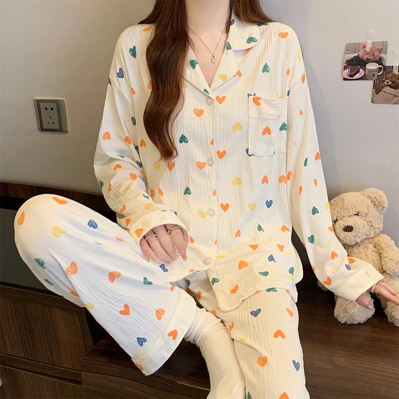 STORESDE Pink Bow Tie Design Pajamas for Women Long Sleeve Top & Elastic Waist Pants Pajamas Set Harajuku Style Casual New Home Wear