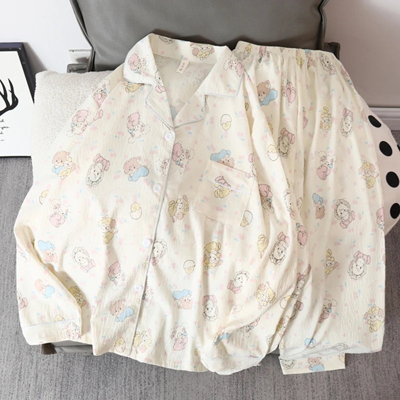 STORESDE Korean Sweet Cute Cartoon Cat Print Women's Pajamas Kawaii Casual All-match New Pajamas Set for Women Autumn V-neck Nightwear
