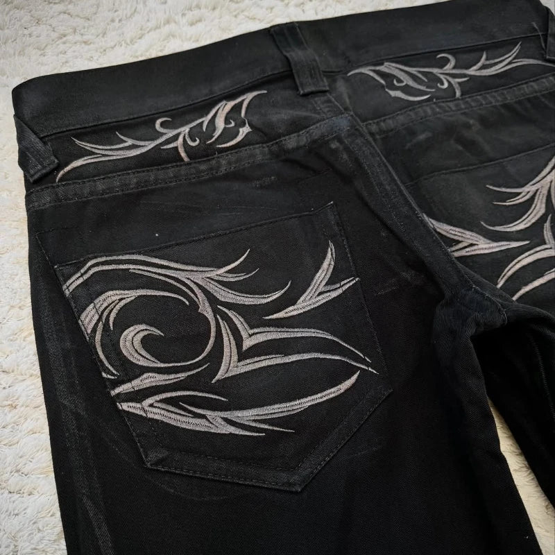 STORESDE vintage X ray waxing tribal embroidery men's flared jeans Gothic high street unisex punk slim fit jeans Y2K baggy flared jeans