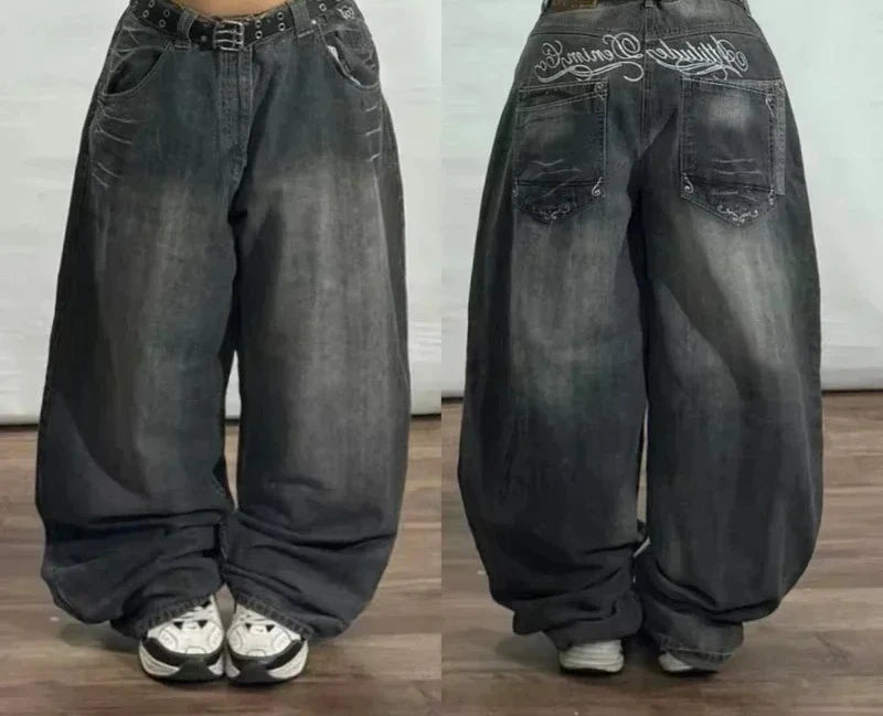 STORESDE 2025 New American Trend Retro Hip-hop Embroidery Pattern Baggy Jeans For Men And Women Y2K Harajuku Gothic Wide Pants Streetwear