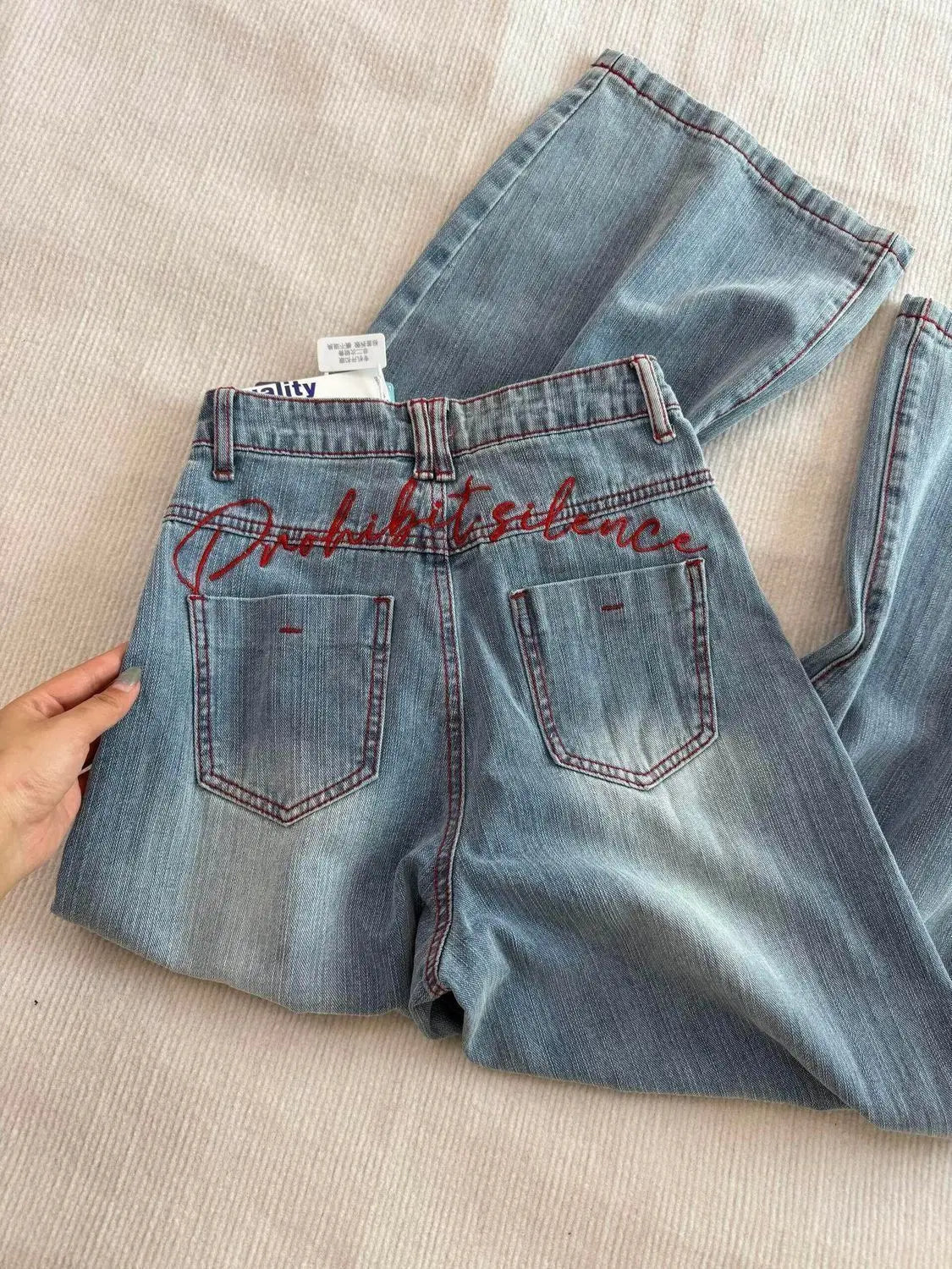 STORESDE Y2k Light Blue Baggy Jeans Women Red Stitch Embroidery High Waist Wide Leg Denim Pants Streetwear Casual Y2K Grunge Trousers New
